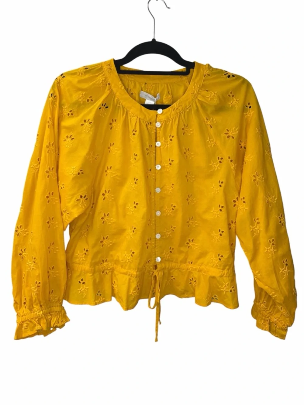 Outerknown Poet Blouse Yellow Eyelet Organic Cotton Peplum Top Size S NWT - Picture 2 of 11